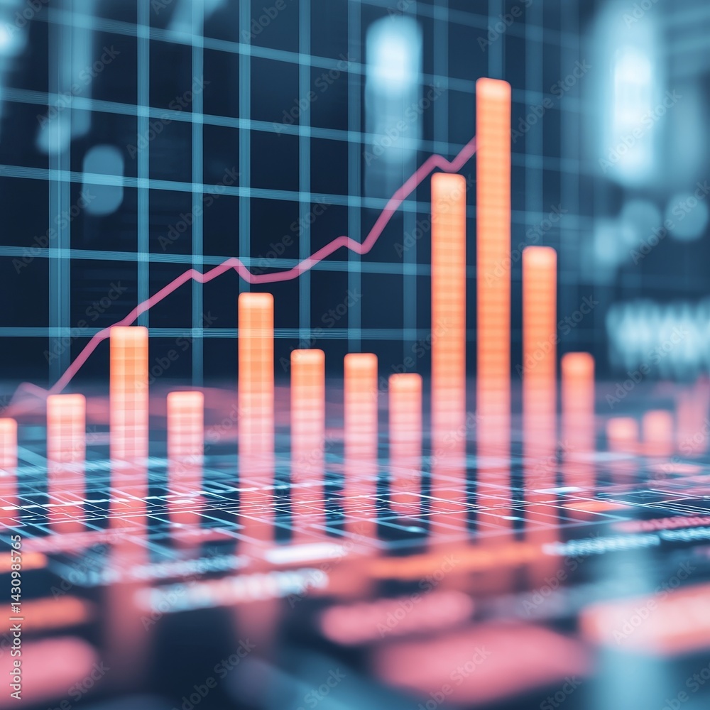 Poster financial data visualization with bar and line graphs.