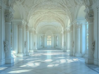 Fototapeta premium Long hallway with white marble columns and arched ceiling light shining through.