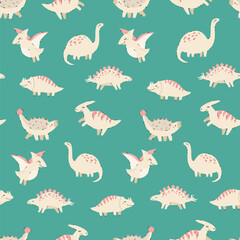 Seamless pattern with hand-drawn cute dinosaurs on green background. Perfect for apparel designs, nursery prints, and playful fabric or wallpaper.