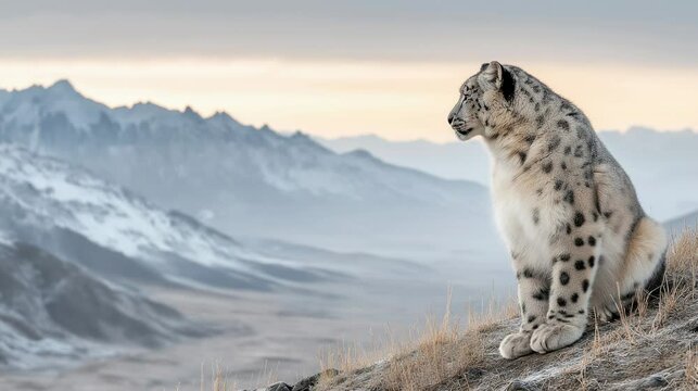 A snow leopard perched on a rocky ledge overlooks a snowy mountain landscape at sunset.