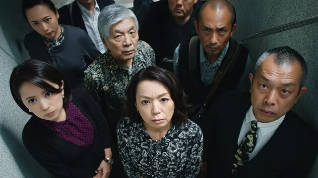 Japanese people looking up serious face