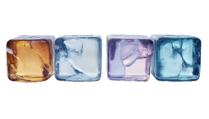 four ice cubes in a row on a white isolated background generative ai