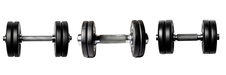 Fototapeta premium A set of heavy-duty black rubber dumbbells with textured handles and matte finish, isolated on a transparent background