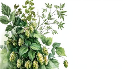 Artistic green hop vine in watercolor with white background for eco-friendly beer ads