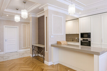 interior apartment kitchen and dining room, refectory area, cooking equipment, table furniture, stove