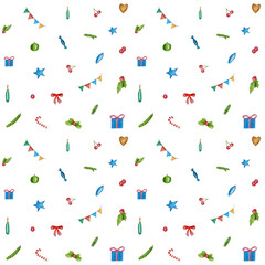 pattern christmas, new year, christmas stocking, mittens, snow, candy canes, sweets, snowman, tree, holiday watercolor illustration on white background