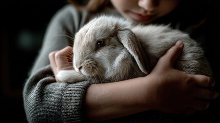 Cuddling fluffy white bunny child's standard realistic photography indoor environment close-up viewpoint midjourney concept