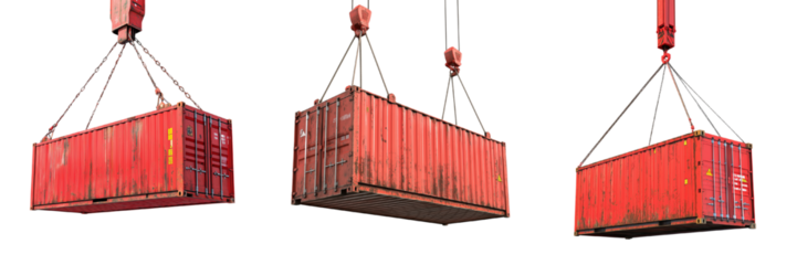 A set of high-definition red shipping containers suspended with crane detail, perfect for logistics themes, isolated on a transparent background