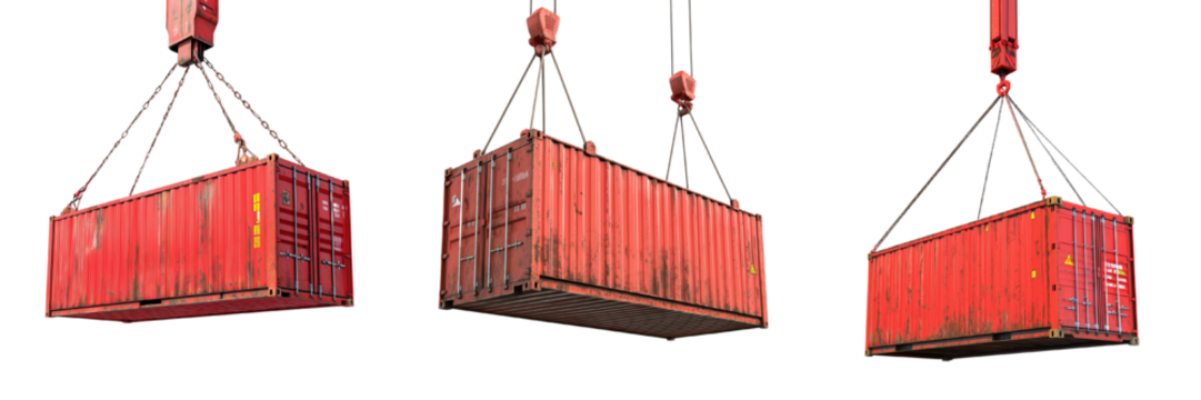 A set of high-definition red shipping containers suspended with crane detail, perfect for logistics themes, isolated on a transparent background