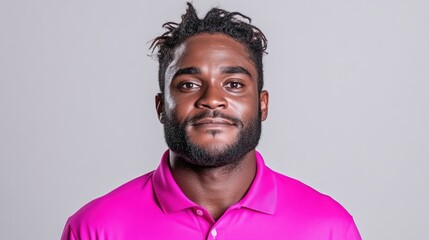 Obraz premium A professional man in bright pink polo shirt posing for a headshot, neutral grey background, clean and modern composition, and business portrait concept.