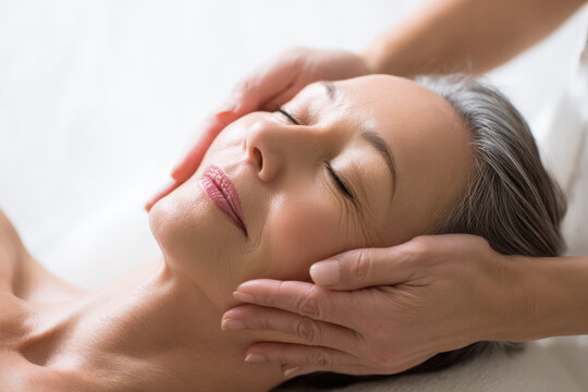 mujer mayor de 50 a&ntilde;os relajada tumbada, recibiendo un masaje facial en un spa con fondo luminoso