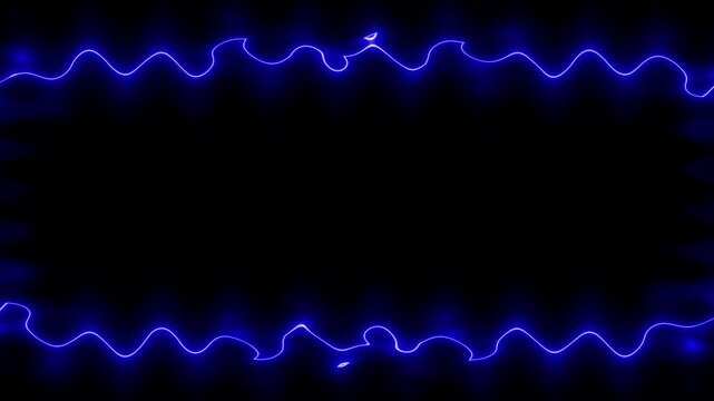Appearing and disappearing slightly wavy long glowing lines, rectangular horizontal frame with neon light effect, blue frame. Blank black space for your own content in the middle.