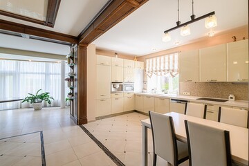 interior apartment kitchen and dining room, refectory area, cooking equipment, table furniture, stove