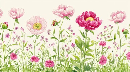 Delicate floral border with pink and pale pink peonies and wildflowers.
