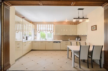 interior apartment kitchen and dining room, refectory area, cooking equipment, table furniture, stove