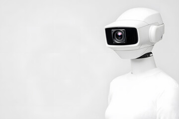 3d White humanoid robot head with a CCTV camera isolated on white background. Camera video security