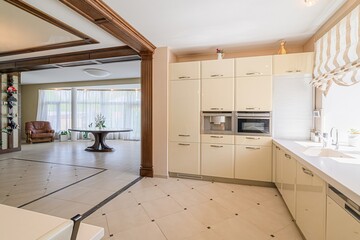 interior apartment kitchen and dining room, refectory area, cooking equipment, table furniture, stove