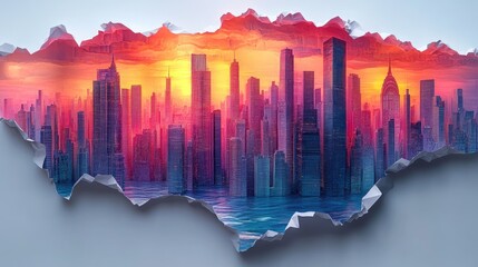 City skyline illustration with colorful sky and torn paper effect.