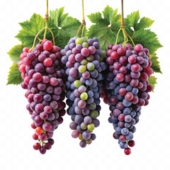 realistic fresh grapes hanging from a branch with green leaves in a natural setting isolated on transparent background