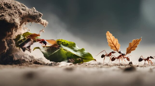 Ants carrying leaves and working together near a sandy ant hill.
