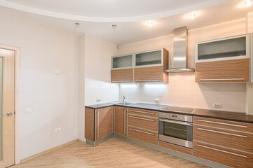 interior apartment kitchen and dining room, refectory area, cooking equipment, table furniture, stove
