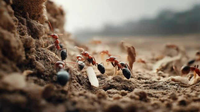 A close-up of red ants working on a sandy surface, conveying teamwork and diligence in a natural environment.