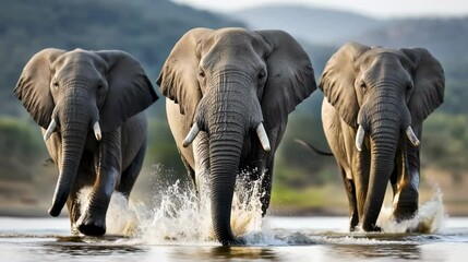 Three African elephants running through water in a natural landscape with blurred mountains in the background.