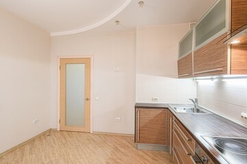 interior apartment kitchen and dining room, refectory area, cooking equipment, table furniture,...