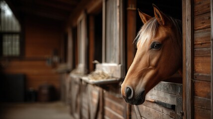 Horse gazing from stable equestrian farm realistic photograph warm interior close-up midjourney concept