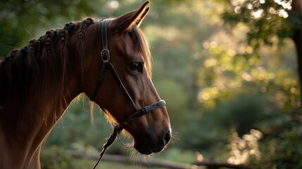 Fototapeta premium Horse braiding event nature setting realistic photograph forest environment side view midjourney concept