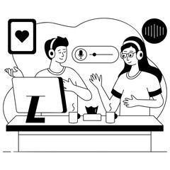 airing weekly podcast series vector design, slice-of-life journalism scene,Sitcom web series banner, vodcast  audio, asking thought-provoking questions for captivating guest discussions concept