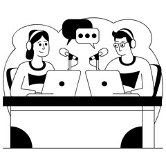 Candid Conversation vector design, Podcast or slice-of-life journalism scene,Sitcom web series banner, Narrative audio  illustration, Two creators team up to explore new ideas concept