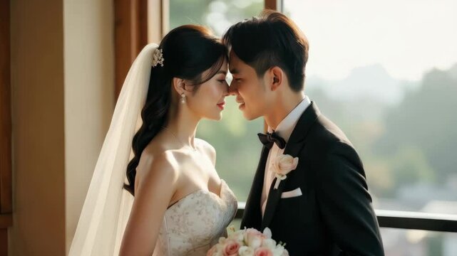 Japanese couple kiss lips near the panoramic window. Wedding east asian culture