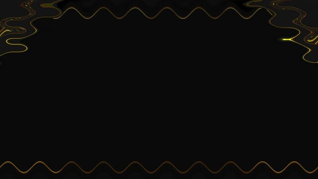Wavy rectangular colorful neon glowing gold brown square frame, rectangular frame, horizontal frame on black background. Blank space for your own content in the middle.