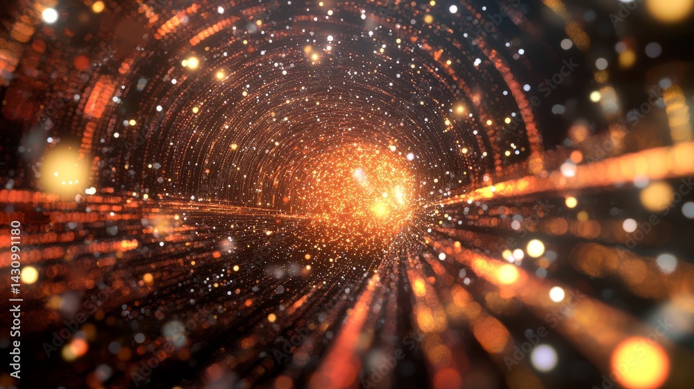 Poster 3D rendering of particle waves with glowing dots moving rhythmically in a futuristic digital environment
