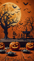 Halloween scene with bats and ghosts on an orange background.
