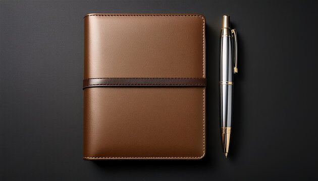A brown leather notebook and shiny pen rest on a dark surface, exuding professionalism.
