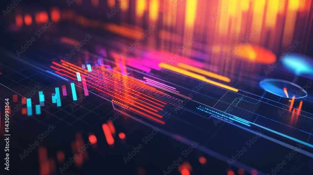Poster abstract dashboard of real-time data analytics with colorful graphs, pie charts, and trend lines