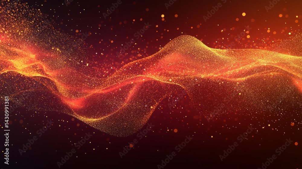 Poster 3d wave of particles flowing in sync, glowing softly on a dark gradient background, suggesting ai an
