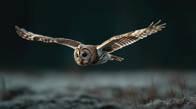 A barred owl flies low over a frosty field in a natural outdoor setting.