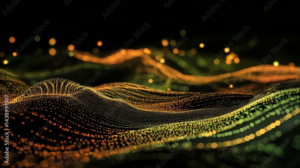 Poster abstract digital landscape of points and waves representing particle motion in a tech network