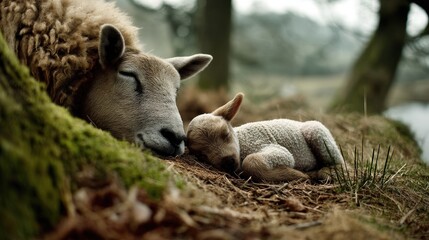 Naklejka premium Lamb sleeping beside mother meadow realistic photograph natural setting close-up midjourney