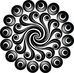 Black and white abstract swirl design with seamless vector floral elements