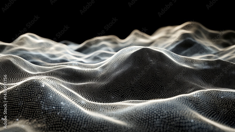  abstract moving mesh of particles that flows like water in a virtual simulation of light and data