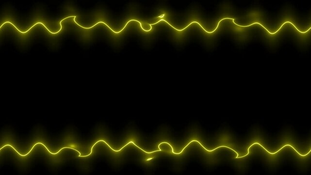 Neon appearing and disappearing glowing wavy golden burgundy perpendicular horizontal long lines frame on black background. Small patterns, ruffles. Space for your own content.