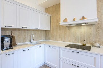 interior apartment kitchen and dining room, refectory area, cooking equipment, table furniture, stove