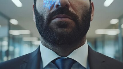 Business professional in a modern office setting with digital overlay, showcasing technology integration