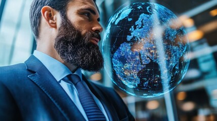 Businessman contemplating global connectivity with a digital world map overlay in an office