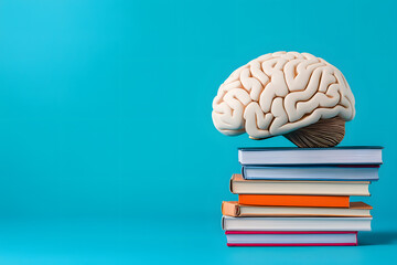 Human brain on stacked books isolated on  blue background