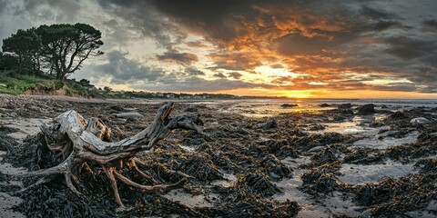 A dramatic sunset over a coastline, with driftwood tangled in seaweed and scattered along the shore